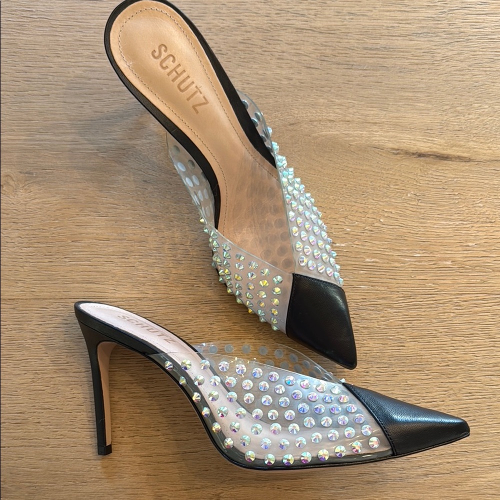 Schutz Women's Black Pointed Clear Mule with Iridescent Studs